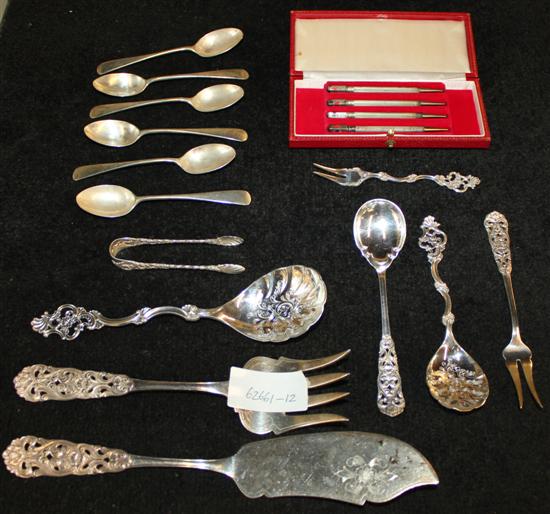 Group of Norwegian 830 standard flatware, silver teaspoons and a cased set of 4 sterling propelling pencils